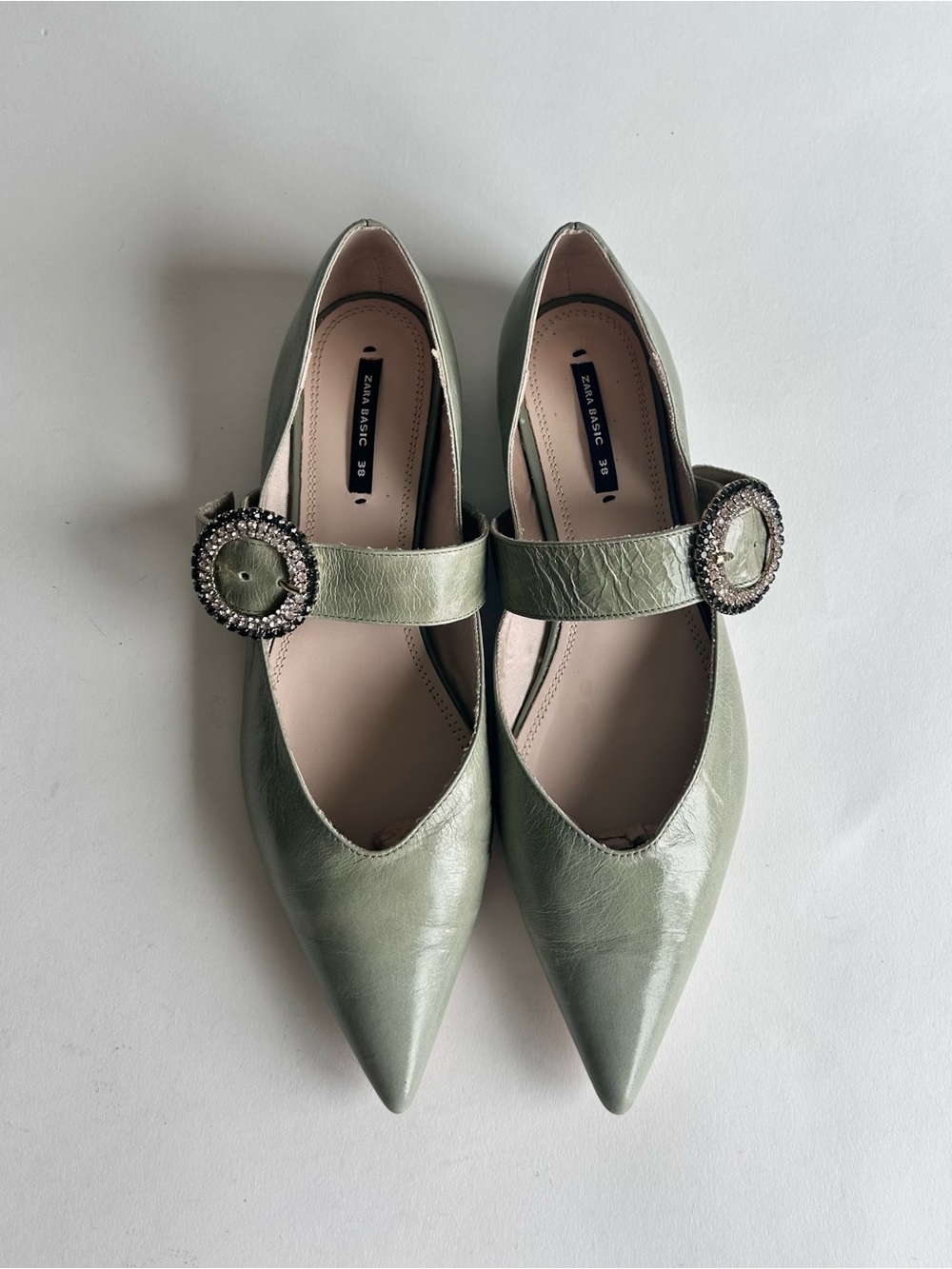 Zara Basic Green Leather Mary Jane Point Toe Glitter Buckle Flats size 7.5 - Picture 5 of 16